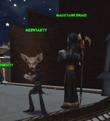 a video game character named malistaire drake stands next to a cat character named meowiarty