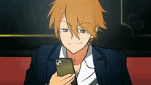 a man in a suit is holding a cell phone in his hand