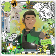 a man in a green jacket is surrounded by stickers including one that says ' spaced out '