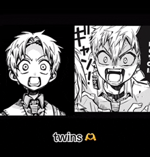 a black and white drawing of a boy with his mouth open and the words `` twins '' underneath him .