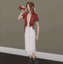 a woman in a red jacket and white dress is holding a bottle of alcohol .