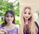 a woman in a purple top and a woman in a black shirt