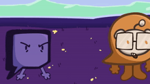 a cartoon character with glasses is standing next to a purple block with an angry face