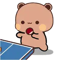 a cartoon teddy bear is playing ping pong on a table .