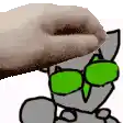 a person is petting a cartoon cat with green sunglasses on .
