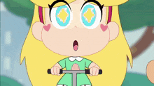 a cartoon girl is riding a scooter with hearts on her face
