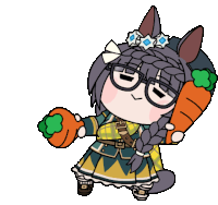 a cartoon drawing of a girl with glasses holding two carrots