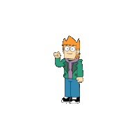 a cartoon character is standing in front of a white background .