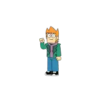 a cartoon character is standing in front of a white background .