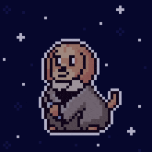 a pixel art of a dog with a green light saber