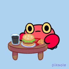 a cartoon of a frog sitting at a table with a hamburger and a glass of cola