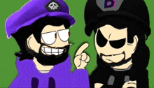 two cartoon characters are standing next to each other and one is wearing a purple hat with a skull on it