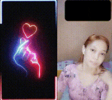 a woman is taking a selfie next to a neon heart on a phone screen .