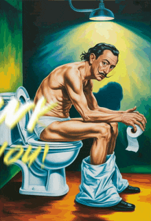 a painting of a man sitting on a toilet with toilet paper on his pants