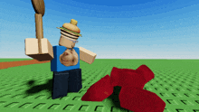 a roblox character with a hamburger on his hat is holding a broom
