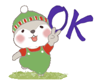 a cartoon character with a green hat and green overalls is giving a peace sign and holding up the word ok