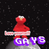 elmo is giving a thumbs up with the words love yourself gays below him
