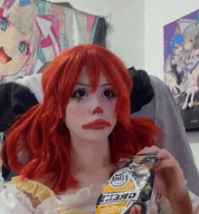 a girl in a clown costume is holding a bag of potato chips with the word great on it