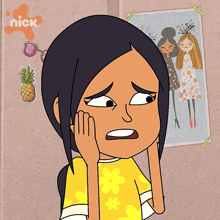 a cartoon of a girl with a sticker that says nick on the bottom
