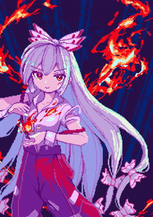 a pixel art of a girl with long white hair and red flames
