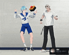 two anime characters are standing next to each other and one has a red button on his arm