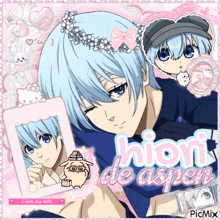 a picture of a blue haired anime character with the name hiori de aspen