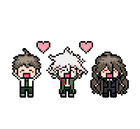 three pixel art characters from danganronpa are standing next to each other with hearts above them .
