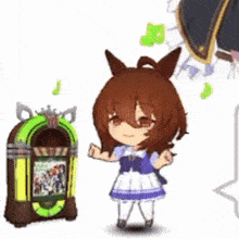 a cartoon girl is standing next to a jukebox and smiling .