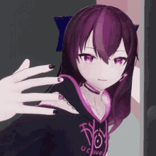 a girl with purple hair is wearing a hoodie that says uc love