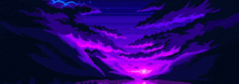 it looks like a pixel art of a sunset over a lake with purple clouds and a shooting star .