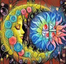 a colorful painting of a crescent moon and a sun with flowers on it