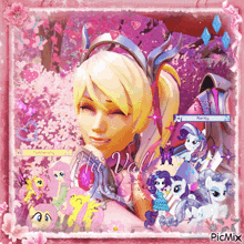 a picture of a girl surrounded by ponies with the name rarity on it