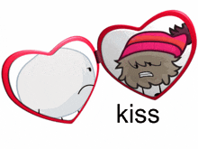 a heart shaped mirror has a cartoon character inside of it and the word kiss below it
