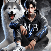 a man wearing a hoodie that says mb is sitting next to a wolf