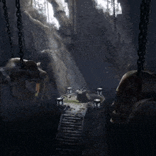 a person 's hands are reaching out towards a statue in a game