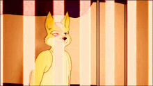 a cartoon fox with a red eye is standing in front of a striped wall