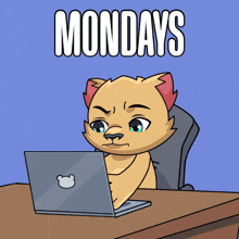 a cartoon of a cat sitting at a desk with a laptop and the word mondays above it