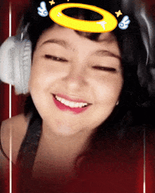 a woman wearing headphones has a halo on her head