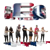 a group of people dancing in front of a sign that says besg