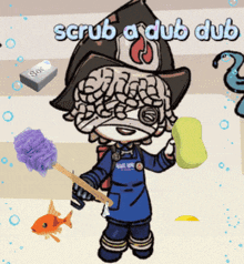 a cartoon character holding a sponge with the words scrub a dub dub written above him