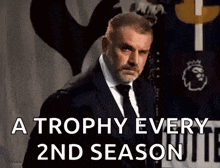 a man in a suit and tie is standing in front of a sign that says a trophy every second season .