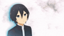 a black haired anime character with blue eyes
