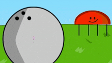 a bowling ball and a jellyfish are standing next to each other in the grass .