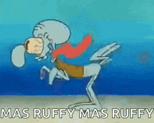 a cartoon squidward from spongebob squarepants is running on the beach with the words mas ruffy mas ruffy .