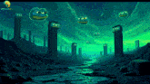 a painting of a river surrounded by trees and stump with pepe faces floating in the sky
