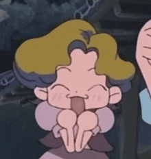 a close up of a cartoon character with a yellow haired head