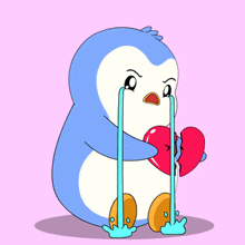 a cartoon penguin is crying while holding a heart