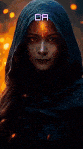 a woman in a hooded cape with the letters da on her head