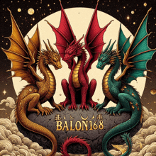 three dragons sitting on a rock with the word balon168 on the bottom right