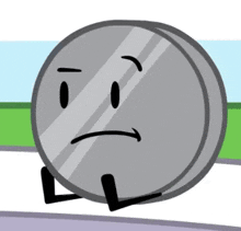 a cartoon coin with a sad face is sitting on a table .